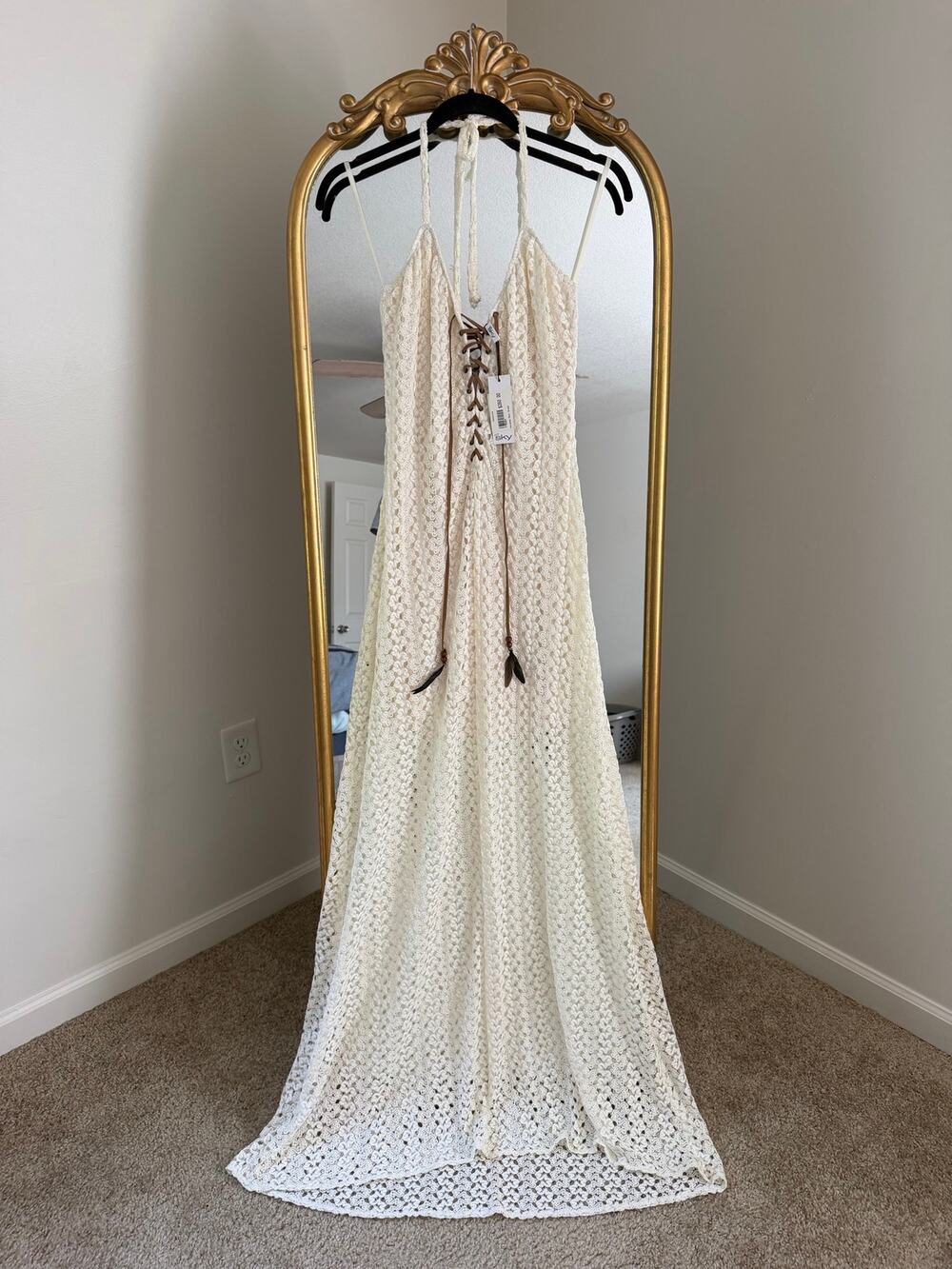 NWT Sky Karenza Maxi Halter Lace Off White Ivory Dress
